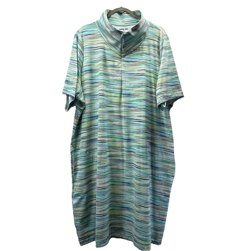 Lands End Swim Dress Size 2X  Green Pink 1/4 Zip Stretch Short Sleeve‎ Pockets